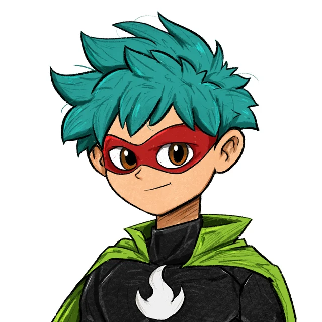 Hero #001: teal spikes hair, red mask, lime cape, black suit, white flame emblem, amber eyes