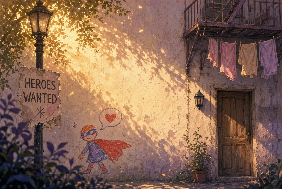 Sunlit alley wall with a crayon drawing of a caped hero, a Heroes Wanted sign and laundry drying by a fire escape